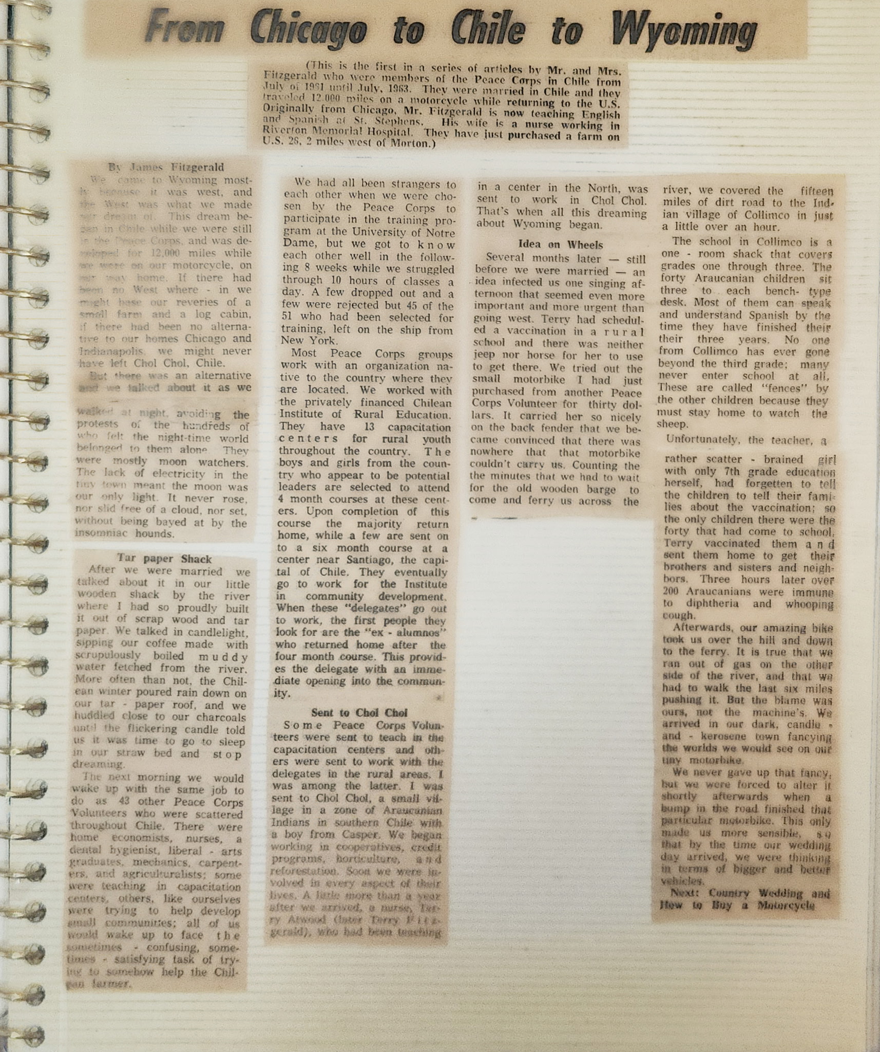 Original newspaper clipping about Jim and Terry's journey from Chicago through Chile to Wyoming, detailing their Peace Corps work and dreams of moving west