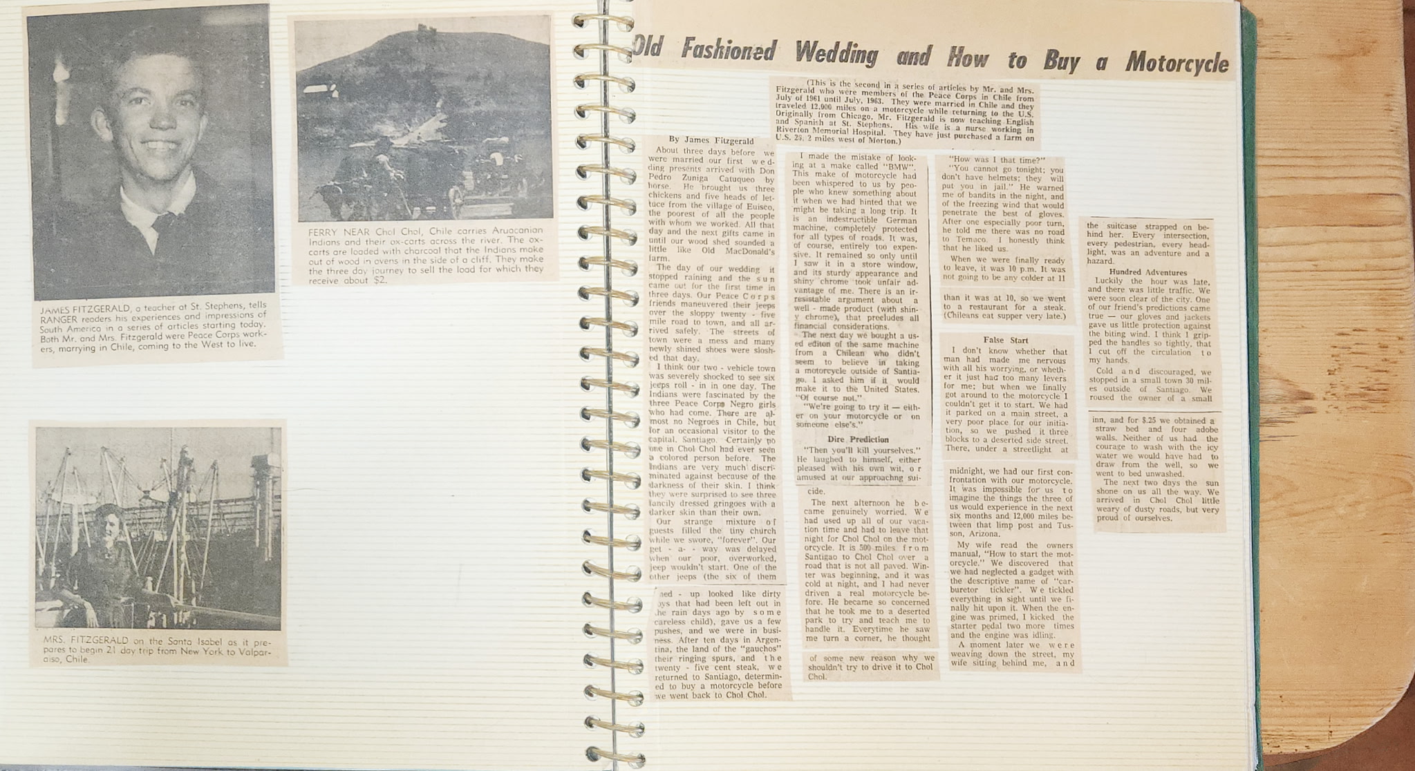 Newspaper article describing the wedding celebration in Chol Chol, purchasing a BMW motorcycle, and their first nervous night ride to start the journey home