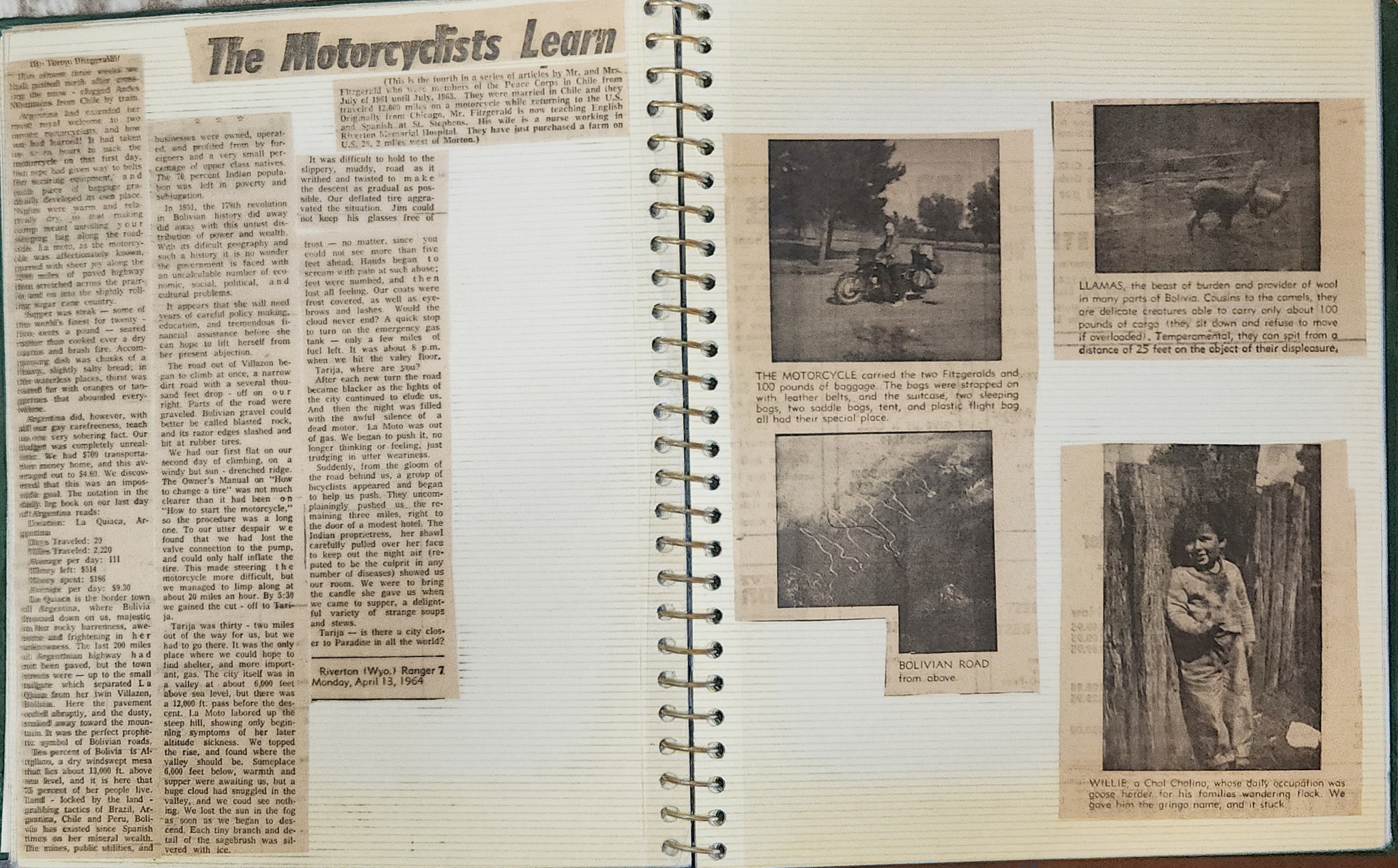 Article about navigating treacherous Bolivian mountain roads, learning to handle the motorcycle in extreme conditions, and relying on the kindness of strangers